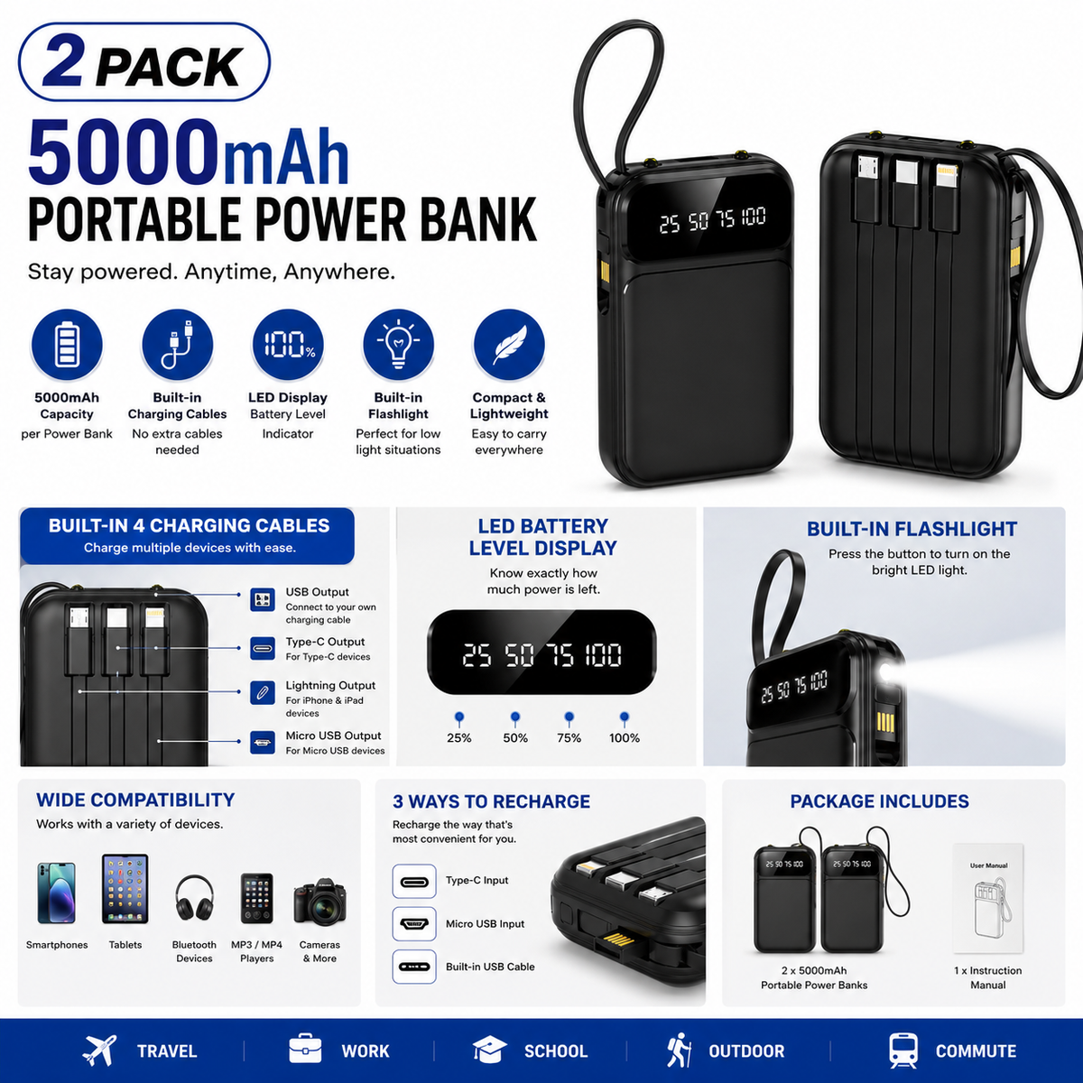 2 Pack 5000mAh Portable Power Bank Built-in Cables LED Display Flashlight Black