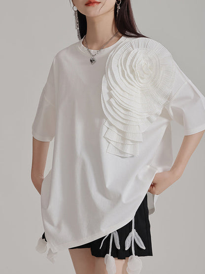 Loose Short Sleeves Asymmetric Solid Color Three-Dimensional Flower Round-Neck T-Shirts Tops
