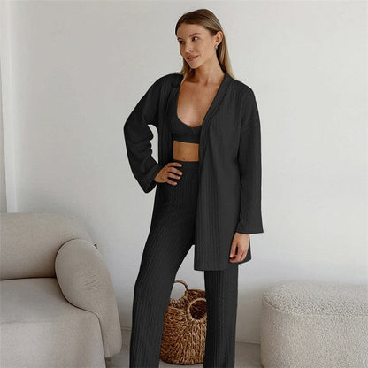 Casual Loose Knitted Solid Color Bralette and Long Sleeve Sweater with Waist Tie, Outerwear, and Pants Three-P