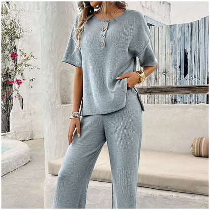 Solid Color Knit Short Sleeve Long Pants Set