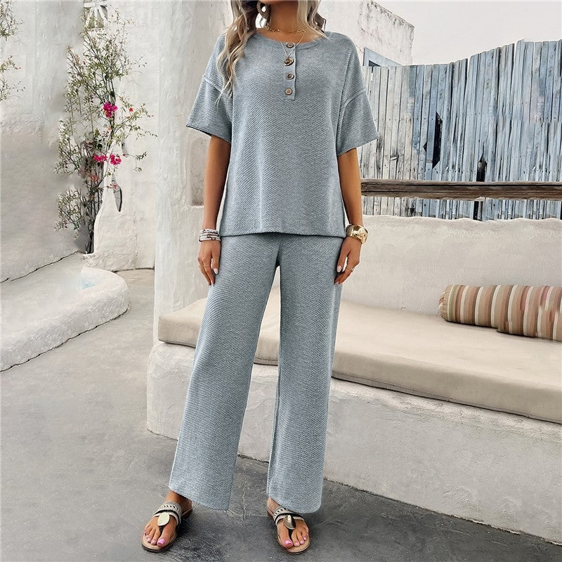 Solid Color Knit Short Sleeve Long Pants Set
