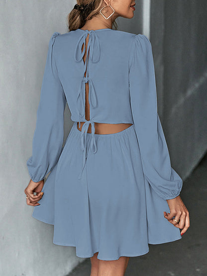 A-Line Bishop Sleeve Backless Elasticity Hollow Pleated Solid Color Tied Round-Neck Mini Dresses