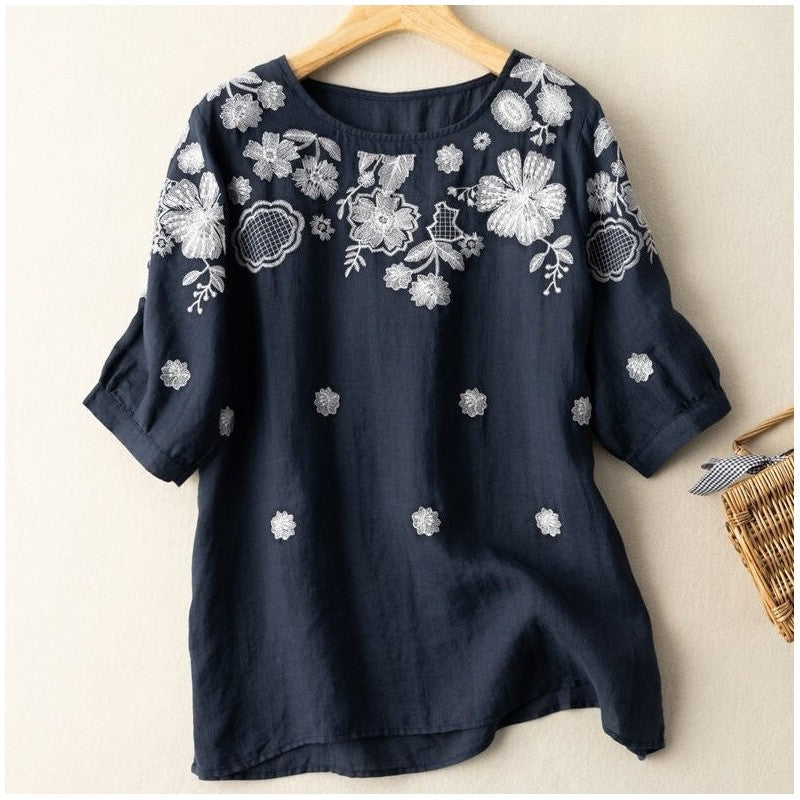 Embroidered Linen-Cotton Relaxed Fit Round Neck T-Shirt
