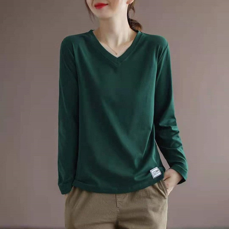 Sure! Here is an optimized title for your clothing product:

"Classic V-Neck Long Sleeve T-Shirt in Solid Color
