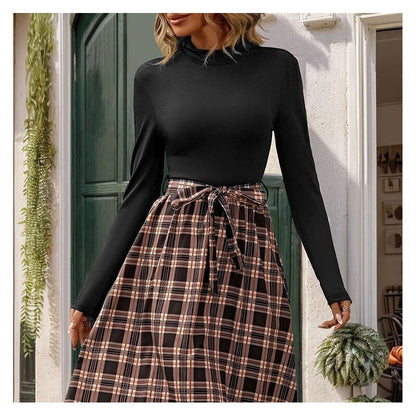 Plaid A-Line Dress with Chic Stand Collar
