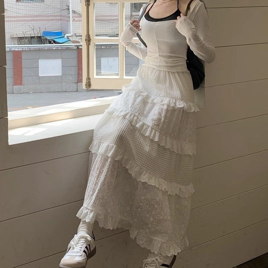 Solid Color Elastic Waist Lace Patchwork A-Line Maxi Skirt