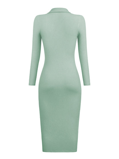 High Waisted Long Sleeves Buttoned Solid Color Lapel Midi Dresses