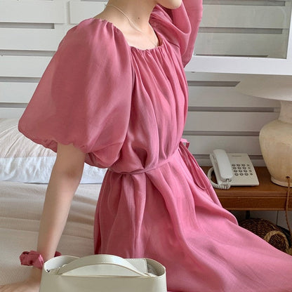 Solid Color Bubble Sleeve One-Shoulder Strap Pleated Dress