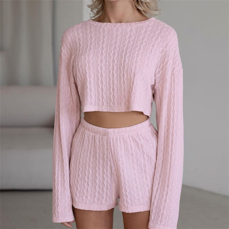 Solid Color Knit Crewneck Long Sleeve Crop Top and Shorts Set - Loungewear