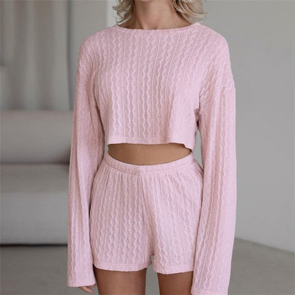 Solid Color Knit Crewneck Long Sleeve Crop Top and Shorts Set - Loungewear