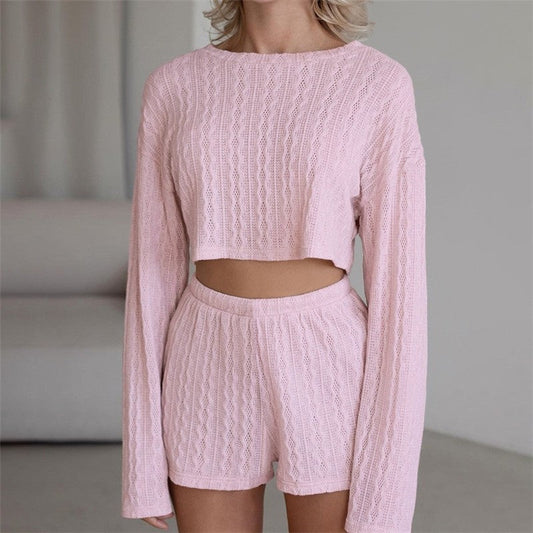 Solid Color Knit Crewneck Long Sleeve Crop Top and Shorts Set - Loungewear