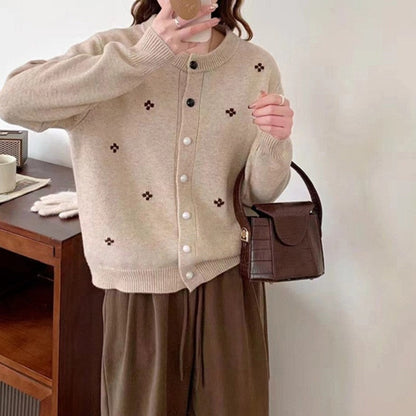 Long Sleeve Crewneck Single Breasted Knitted Cardigan Sweater