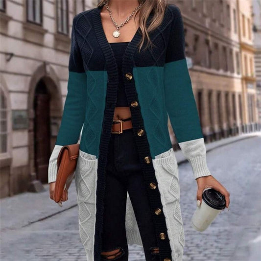 Knitted Cardigan With Color Blocking And Twisted Pattern