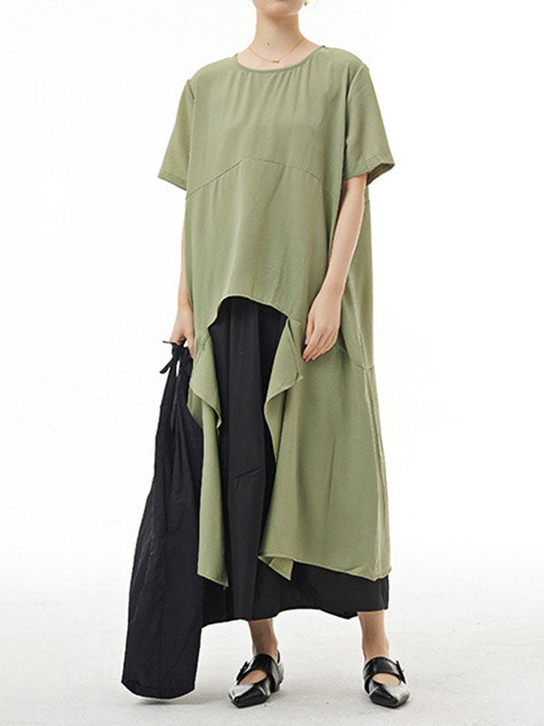 Irregular Clipping Loose Solid Color Round-Neck Midi Dresses