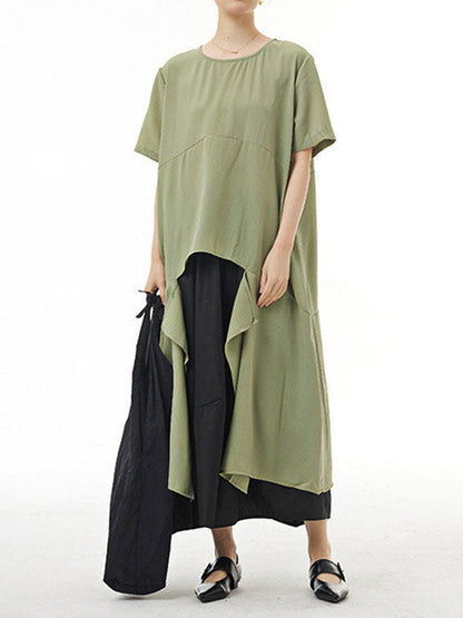 Irregular Clipping Loose Solid Color Round-Neck Midi Dresses