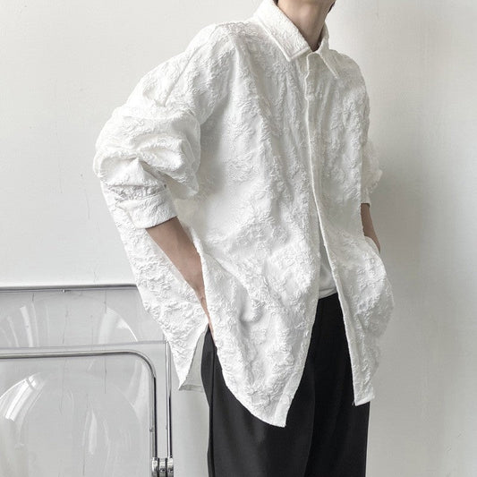 Embossed Pleated Long Sleeve Shirt in Solid Color