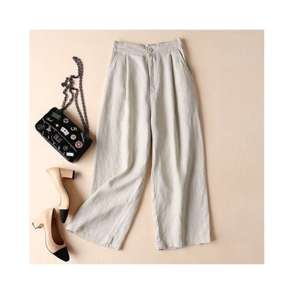 High-Waisted Linen Blend Wide Leg Crop Trousers