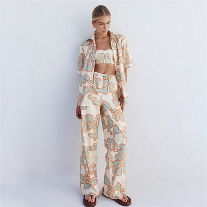Printed Vest and Open Cardigan Lounge Wear Set with Long Pants