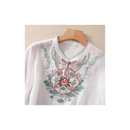 Embroidered Buttonholes Loose Fit Short Sleeve Shirt