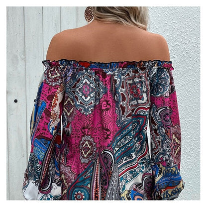 Stamped Literary Style Collar Top with Lotus Leaf Trim