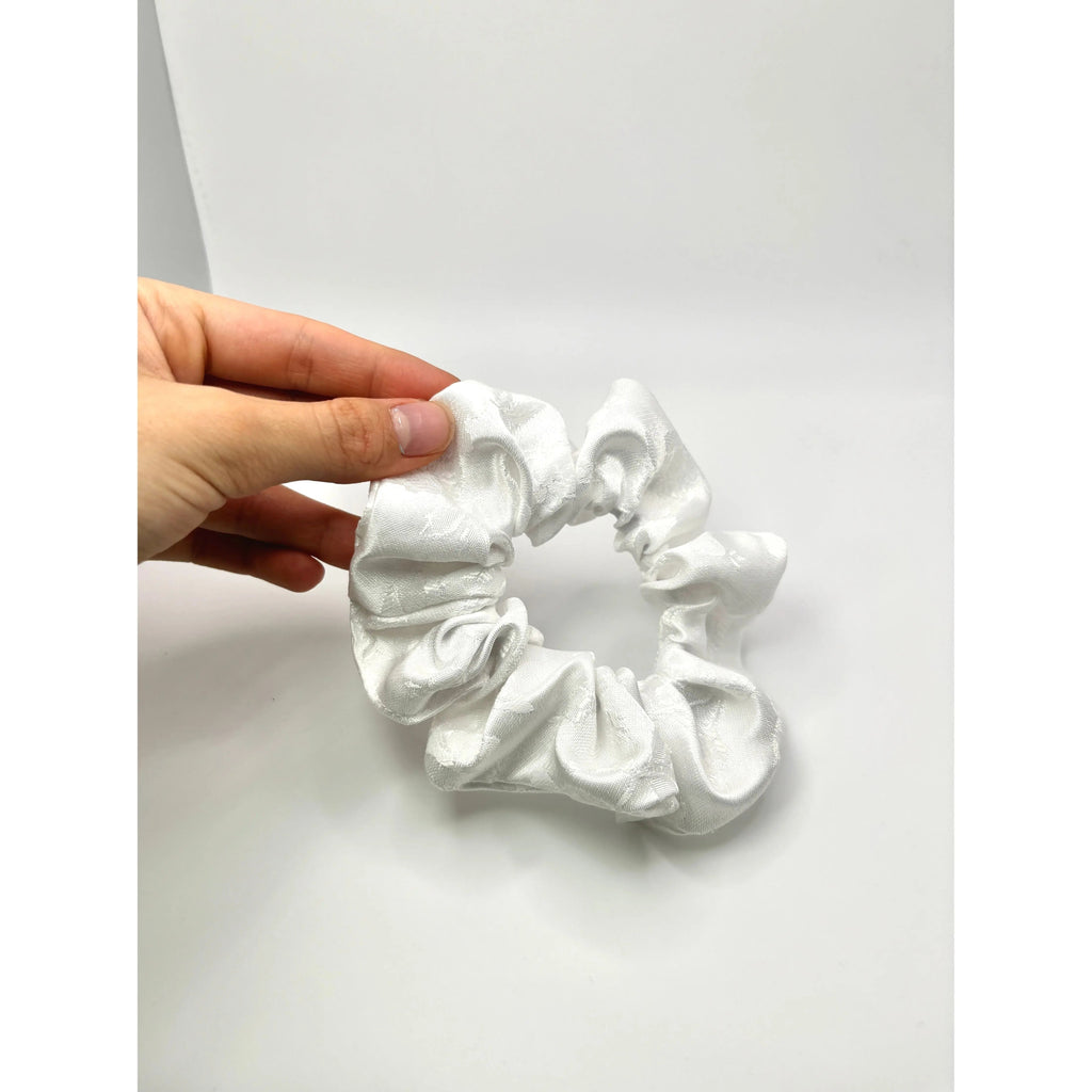 Mini White Leaf Satin Scrunchie