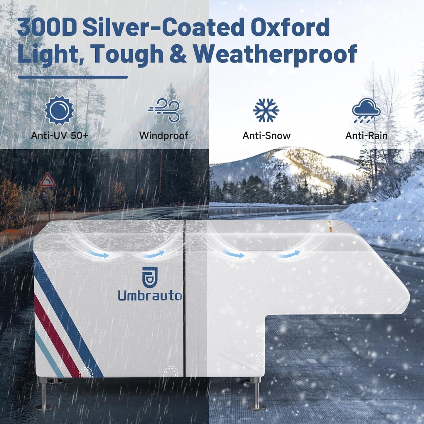 Umbrauto Slide-In Truck Camper Cover — 300D Oxford Waterproof RV Cover, Silver-Coated All-Weather Protection with Windproof Straps & Air Vents