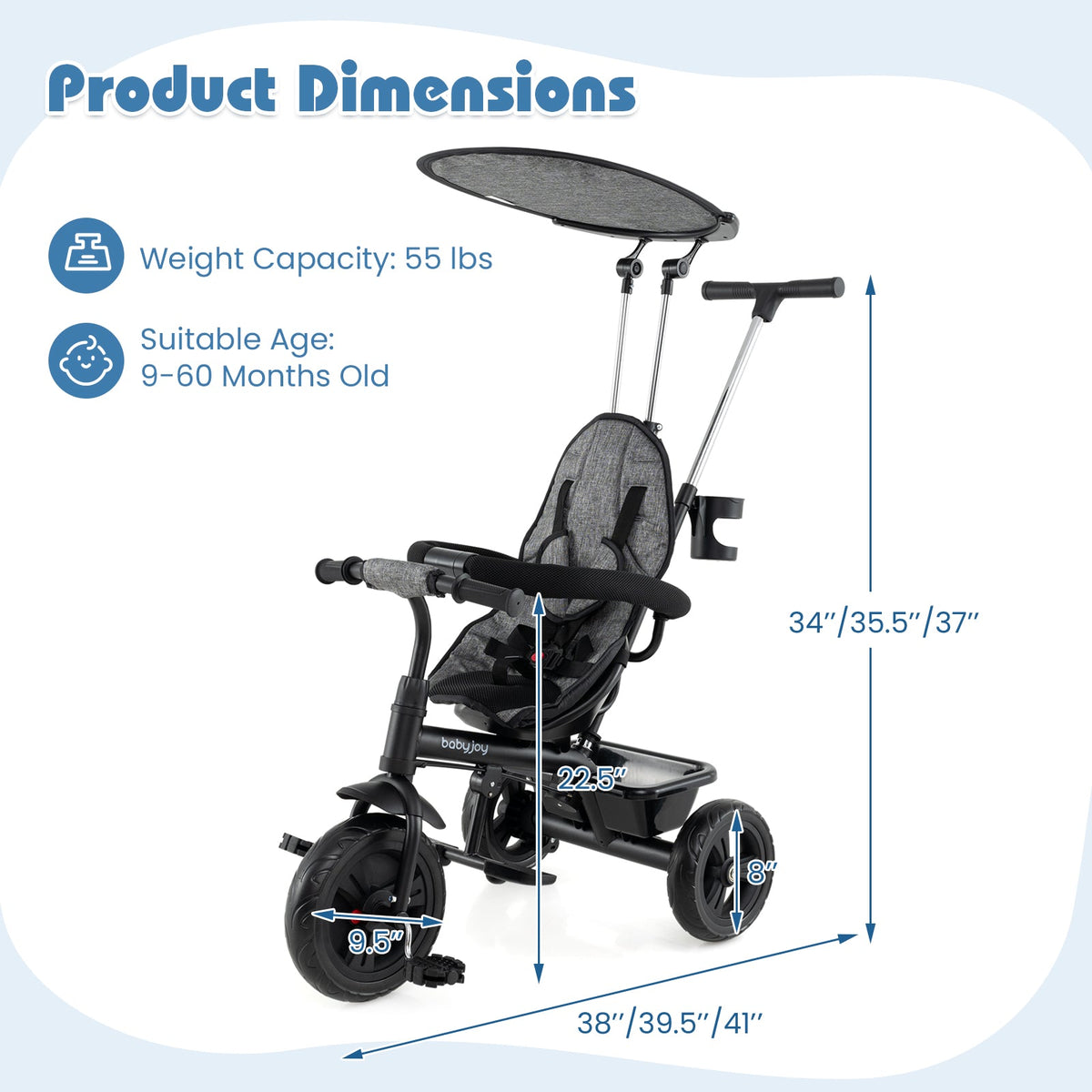 7-in-1 Baby Stroller Tricycle with Adjustable Canopy and Foldable Footrests for Ages 9-60 Months Old