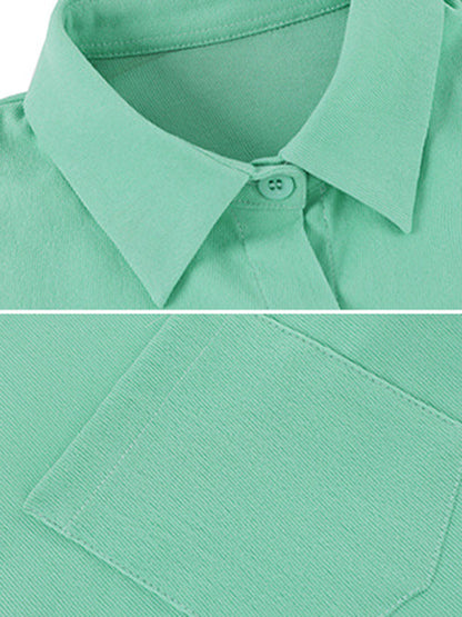 Long Sleeves Loose Solid Color Split-Joint Lapel Blouses