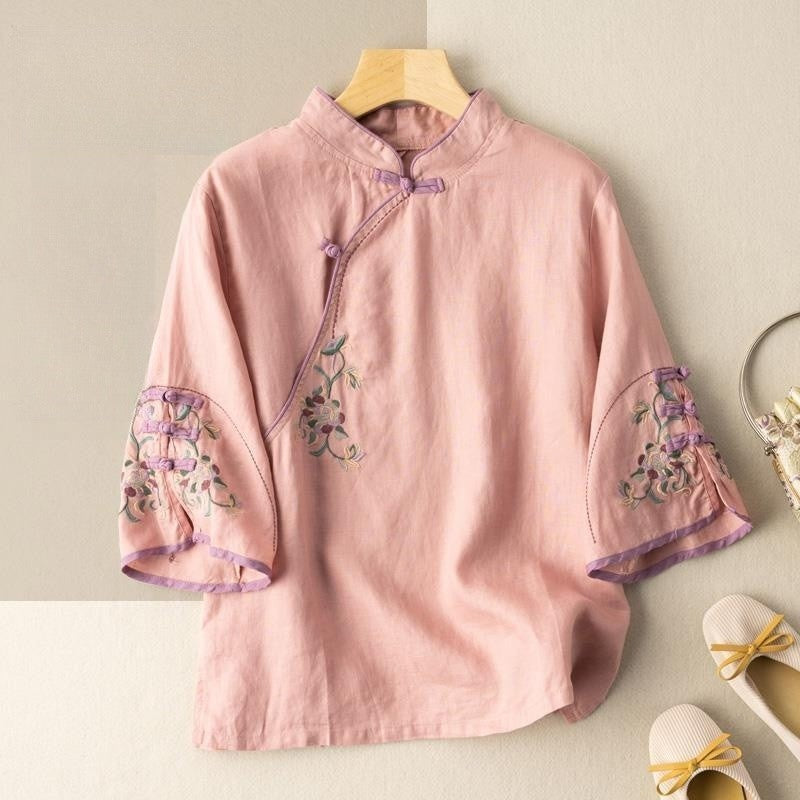Chic Embroidered Mandarin Collar Cotton and Linen Tea Dress