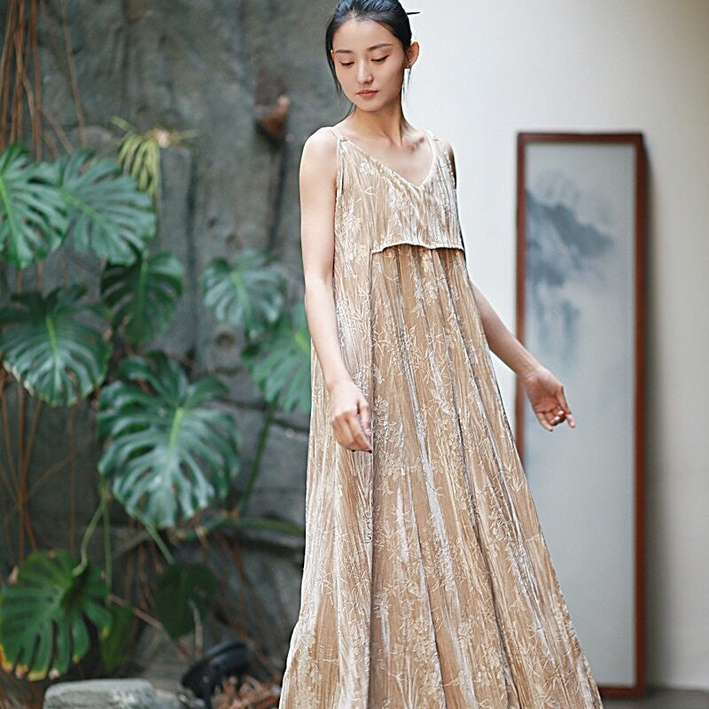 Velvet Printed Camisole Dress in Solid Color