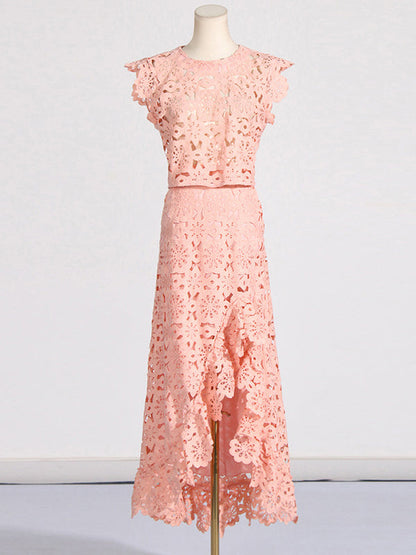 Flower Print Hollow Jacquard Solid Color Round-Neck Vest Top + Ruffle Trim Bodycon High-Low Skirts Bottom Two Pieces Set