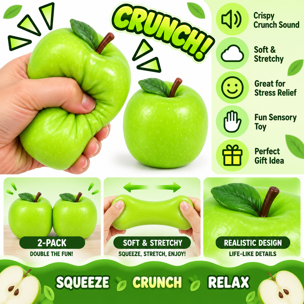 Crunchy Squishies Green Apple Squeeze Toy 2-Pack – Crispy Crunch Sound Soft Stretchy Stress Balls | ASMR Sensory Fidget Toys for Adults & Kids | Realistic Green Apple Squishies