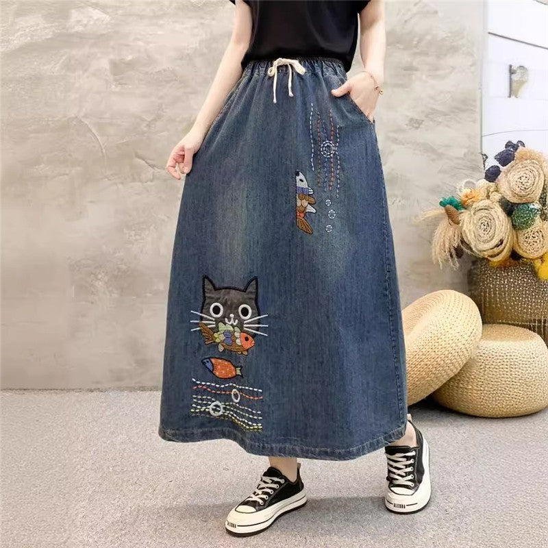 Embroidered Floral High-Waisted Denim Skirt