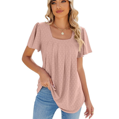 Solid Color V-Neck Pleated Short Sleeve Loose Fit T-Shirt
