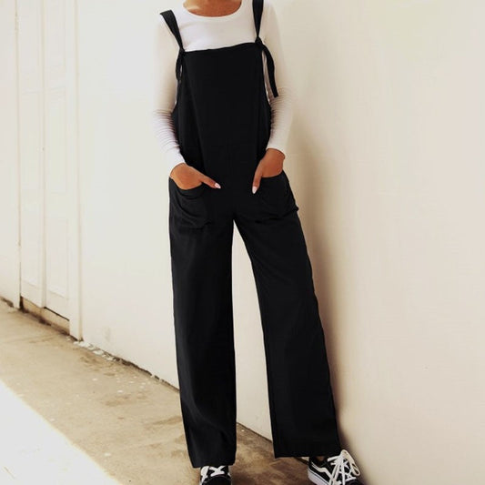 Casual Loose Solid Color Sleeveless Pockets Jumpsuits