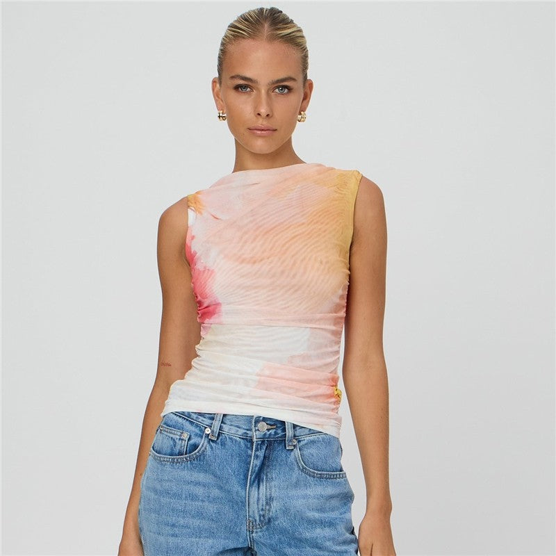 Printing Sleevelss Pleated Slim Tank Top