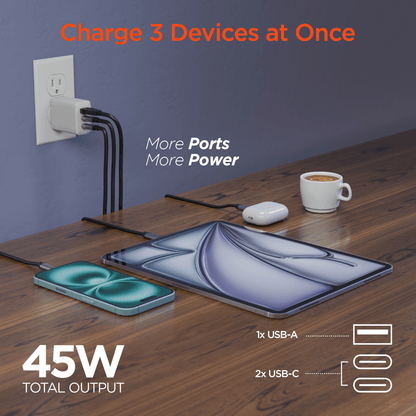 HyperGear SpeedBoost 45W USB-C PD Tri-Port GaN Fast Wall Charger with PPS and 6ft USB-C Cable