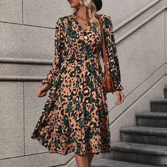 Leopard Print Belted Long Sleeve Midi Dress