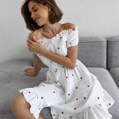 Heart Print One-Shoulder Nightgown with Ruffle Hem