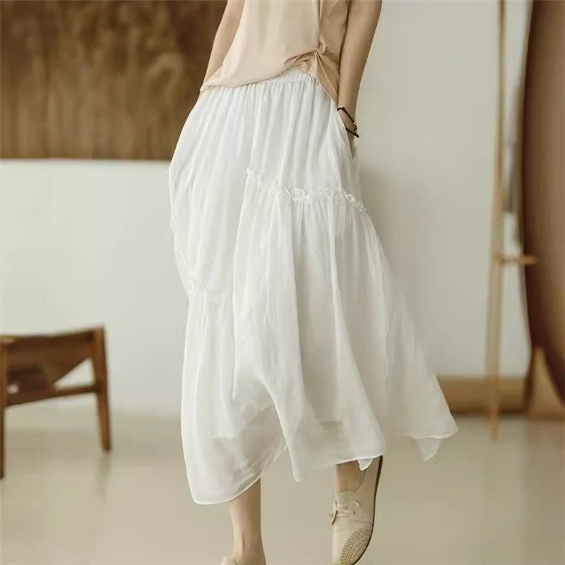 Double-Layer Elastic Waist Half Skirt in Solid Color