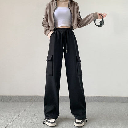 Casual Loose Fit Solid Color Cargo Pants with Elastic Waistband