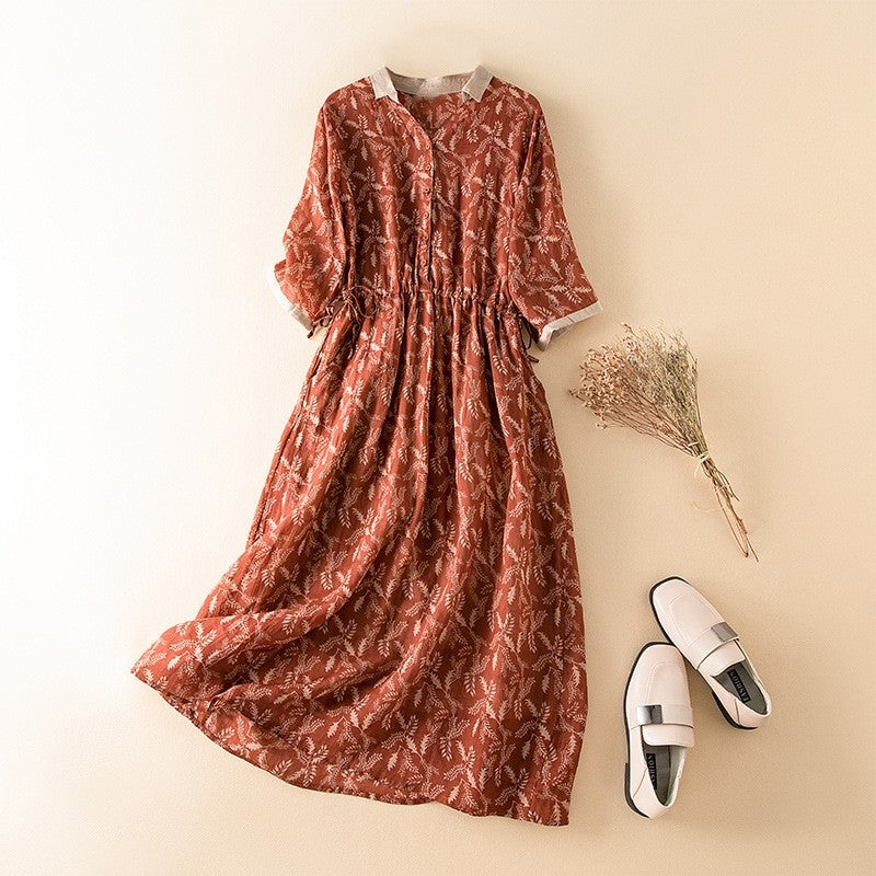 Linen Dress Mid Length Pleated Loose Organ