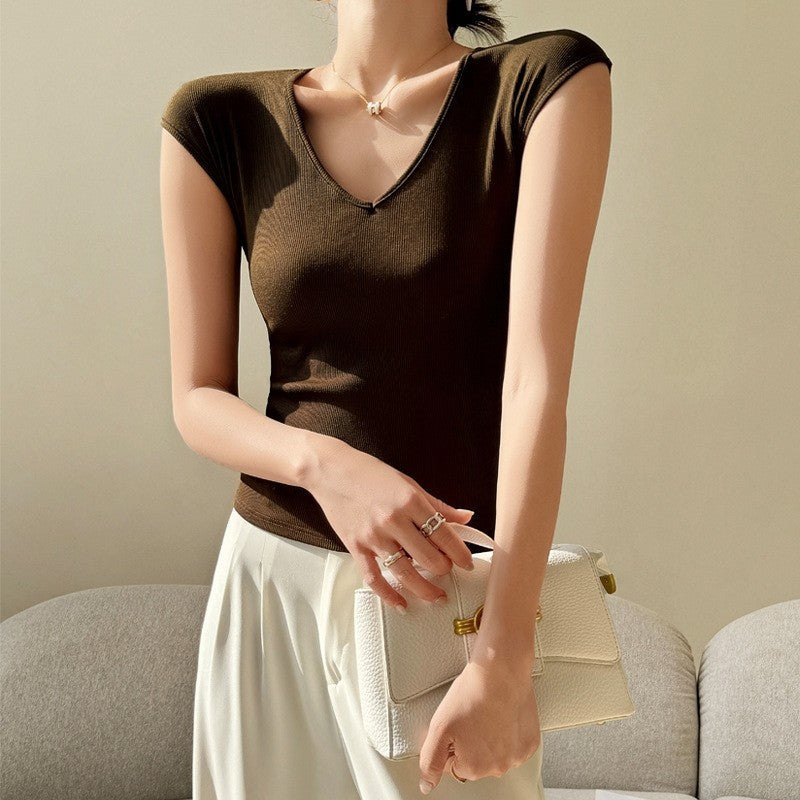 Shoulder-Baring Threaded Sleeve T-Shirt
