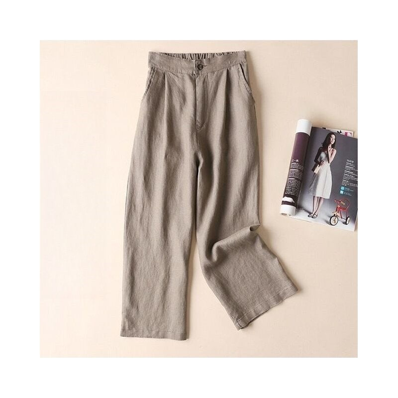 High-Waisted Linen Blend Wide Leg Crop Trousers
