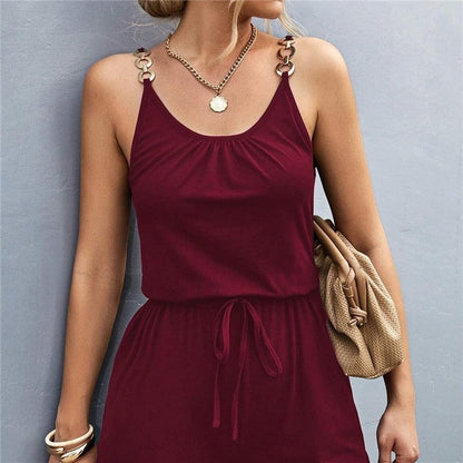Pleated Splice Jumpsuit Shorts with Metal Strap Accent