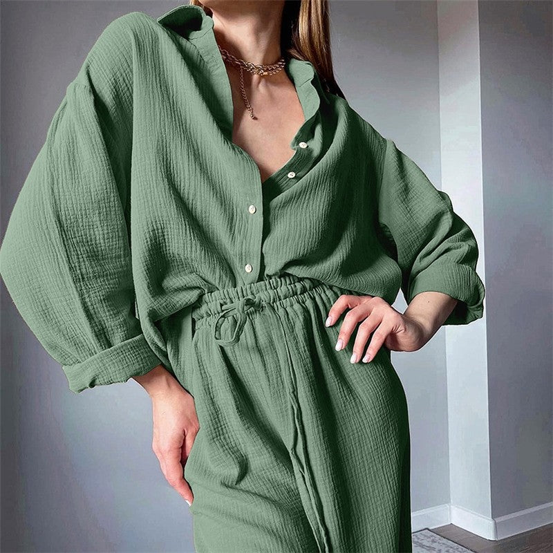 Solid Color Long Sleeve Lapel Buttoned Blouse and Pants Two-piece Lounge Set