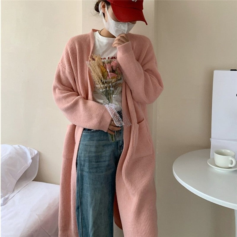 Loose Fit Solid Color Mid-Length Knit Cardigan Coat