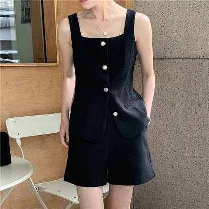 Solid Color V-Neck Vest and Shorts Set