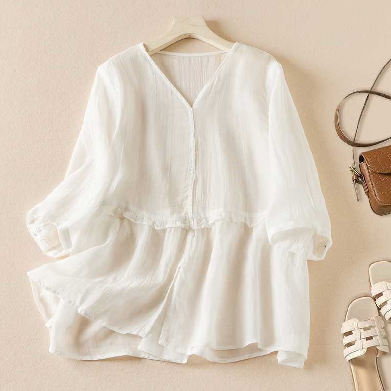V-Neck Linen Shirt Featuring Distinctive Mushroom Edge