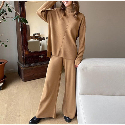 Casual Loose Knitted Two-Piece Set with Solid Color Long Sleeve Top and Pants